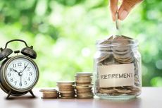 person putting a coin in a jar of coins with the word "retirement" on it next to a clock